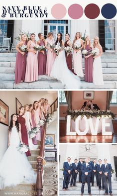 the bride and grooms are posing on the stairs with their bridal gowns