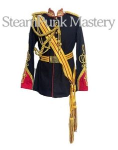 "#9105DP Black and Red Jacket This is 5 pcs black with red Officers ceremonial heavy cotton jacket with Gold shoulder accessories, gold /stripes hand woven sash & tassel & matching Waist  Belt with buckle.  Sash ,belt , Aiguillettes and eppaulates  are including in this sale  Please note it's free size belt & Sash with adjustable toggle on the sash and waist adjuster adjuster can fit up 28\"- 46\"waist  Please refer to the photos.  Sizes are available  XS - to fit 40\" Chest  S to fit 42\" chest   M - To Fit size 44\"  L - to Fit size 46\" Xl - to fit size 48\" Front and back length - 32\" approximately  Sleeve length. - 26\" approximately  Please note:- Even though there is a choice of sizes, these are made to order and are customise to your requirements . I do not carry stock and hence d Military Style Fitted Uniform For Formal Occasions, Fitted Military Uniform For Formal Occasions, Fitted Military Formal Uniforms, Shoulder Accessories, Gold Sash, Royal Pattern, Helmet Hat, Accessories Gold, Gold Hand