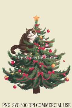 a cat sitting on top of a christmas tree with the words png svg 300 dpi commercial use