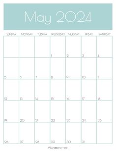 the may calendar is shown in blue and white