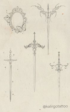 four different types of swords are shown in this drawing