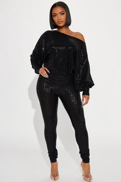 Available In Black. Sequin Matching Set Off Shoulder Top Long Sleeve Stretch Unlined 87% Nylon 8% Metallic 5% Spandex Imported | Shining Star Off Shoulder Set in Black size XS by Fashion Nova All Black Club Outfit, Black Club Outfit, Plus Size Sequin Jumpsuit, Velvet Pantsuit, Black Sequin Leggings, Cocktail Attire For Women, New Years Look, Sequin Leggings, Party Outfits Night