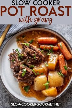 slow cooker pot roast with gravy on a plate