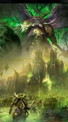 an image of a fantasy castle surrounded by green trees and monsters in the background with text that reads, world of warcraft