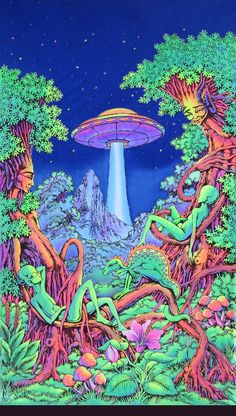 an alien landscape with trees, plants and a mushroom like object in the sky above