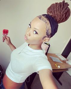 #locs #bun #pretty Loc Petal Bun With Swoop, Two Buns Dreadlocks, Locs In Two Ponytails, Bun Dreadlock Hairstyles, Two Loc Buns, Swoop Bun Locs, Bow On Locs, Beanie Over Locs, Short Locs On Women