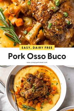 pork osso buco with potatoes and carrots in a white bowl