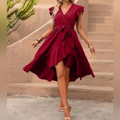 New Boho Ruffle Wrap Dress High Low Burgundy Red * Short Flutter Ruffle Cap Sleeve * Wrap Front V Neckline * Ruffle Hem Hi Low Skirt * Self Tie Belt *Approximate Unstretched Measurements* Small (4) * Bust 37" * Sleeve Length 2.75" * Length 43.5" Medium (6) * Bust 38.5" * Sleeve Length 3" * Length 44.5" Large (8/10) * Bust 41" * Sleeve Length 3.25" * Length 45.25" Xl (12) * Bust 43.25" * Sleeve Length 3.5" * Length 46" On Order ** Will Ship In 7- 10 Days Fabric : Soft Flowy Poly & Elastane Color Cheap Ruffle Hem Dress For Date Night, Hi Low Western Dress, Chic Cheap Dress With Ruffle Hem, Dresses For A Date, Aria Outfits, Ruffle Dress Pattern, Ruffled Dress Pattern, Beach Wrap Dress, Hi Low Skirt