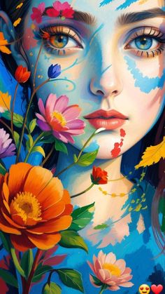 a woman with flowers painted on her face