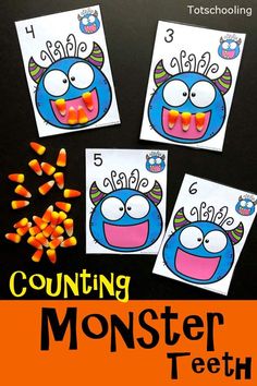 three monster themed counting cards with candy in front of them and the text counting monster teeth