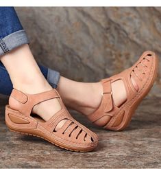 Women Summer Sandals Hollow Round Toe Ladies Sandals – ZiiShop Women Casual Flats, Orthopedic Sandals, Walking Sandals, Womens Sandals Wedges, Womens Summer Shoes, Retro Shoes, Beige Shoes, Women Sandals, Open Toe Sandals