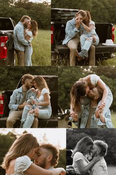 a man and woman sitting in the back of a pick up truck with their arms around each other