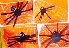 halloween crafts for kids made with construction paper and spider webs on orange background,