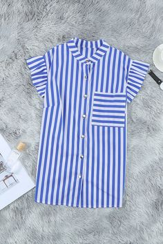 Sky Blue Striped Buttoned Ruffled Sleeve Blouse Blue Short Sleeve Shirt With Ruffles, Chic Blue Shirt With Ruffles, Blue Ruffled Shirt For Summer, Soft Green Color, Bright Stripes, Pink Jumpsuit, Summer Sky, Summer Stripes, Trendy Chic