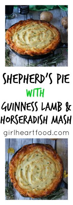 two pictures of shepherd's pie with guinness lamb and horseradish mash