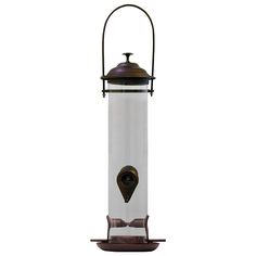 an old fashioned bird feeder with a glass cover and metal handle on the top, against a white background