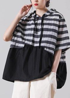 Women Black Striped Patchwork Cotton Linen Blouses Summer - SooLinen Lagenlook Patchwork Blouse For Summer, Summer Patchwork Lagenlook Blouse, Black Patchwork Short Sleeve Tops, Black Cotton Patchwork Blouse, Black Cotton Blouse With Patchwork, Black Patchwork Blouse For Summer, Black Patchwork Summer Blouse, Black Cotton Patchwork Tops, Lagenlook Patchwork Top With Relaxed Fit