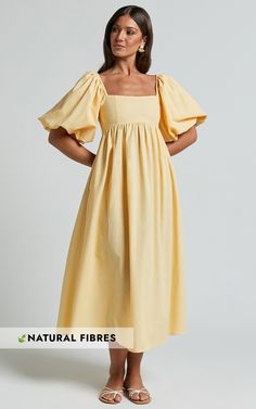 Cenia Midi Dress - Linen Look Straight Neck Shirred Back Puff Sleeve Dress in Lemon | Showpo USA Friday Outfit, Holiday Vibes, Dress Linen, Puff Sleeve Dress, Dress Order, Puffed Sleeves Dress, Midi Length Dress, Linen Dresses, Midi Dresses