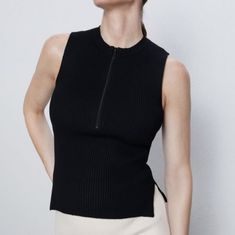 Ribbed Sleeveless Thick Knit Stretch Top Round Neckline And Metal Front Zip With Side Slits Zara Tank Top, Jacquard Shirt, Front Tie Shirt, Floral Peplum, Zara Crop Top, Zara Blouse, Black Crewneck, Zara Sweater, Stretch Top