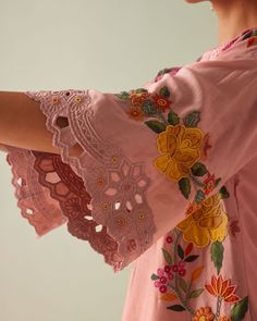 OLD ROSE APPLIQUE AND BEADWORK KURTA WITH CUTWORK PANTS - | C H A N D R I M A Bohemian Decorating, Embroidered Beads, 2024 Ideas, Embroidery On Kurtis, Rose Applique, Cutwork Embroidery, Sleeves Designs For Dresses, Suits Design, Flowers Fabric