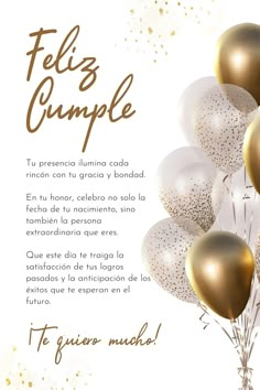 a bunch of gold and white balloons with the words feliz cumple