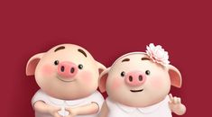 two little pigs standing next to each other on a red background with the words happy new year written below them