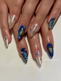 Glaze Nails With Design, Dark Blue Celestial Nails, Gracie Abrams Nails Inspired, Sun Themed Nails, Nails Navy Blue And Silver, Astral Nails, Blue Celestial Nails, Navy Acrylics, Blue Moon Nails