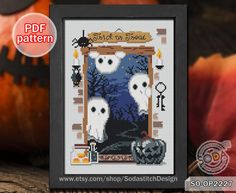 a cross stitch pattern for a halloween scene with ghost bears and pumpkins in the background