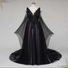 Gothic Black Lace Wedding Dress with Bell Sleeves | ELVIRA Elvira Silhouette, Wedding Dress With Bell Sleeves, Chapel Length Wedding Veil, Black Lace Wedding Dress, Wedding Stand, Black Lace Wedding, Dress Quotes, Tulle Neckline, Modest Neckline