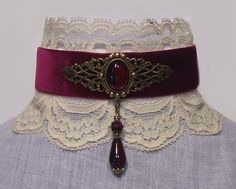 Victorian choker necklace Idea For Dress, Victorian Choker Necklace, Velvet Cream, Garnet Red, Burgundy Velvet, Victorian Jewelry, Fantasy Jewelry, Cream Lace, Gothic Jewelry