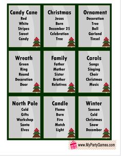 the christmas carols game is shown in green and white, with words that read candy cane