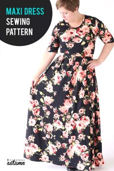 a woman wearing a black floral dress with pink flowers on it and the words, sewing pattern