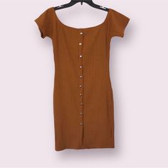 Stretchy Dress With Faux Buttons Chestnut Color Never Worn Brand New Without Tags Casual Fitted Brown Mini Dress, Brown Fitted Mini Dress, Brown Fitted Mini Dress Casual Style, Casual Brown Bodycon Dress, Brown Knee-length Mini Dress With Buttons, Off Shoulder Bodycon Dress, Chestnut Color, Stretchy Dress, Say What