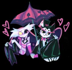 two cartoon cats sitting under an umbrella with hearts