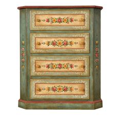 a green dresser with floral designs on the top and bottom drawers, all painted in different colors