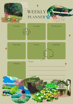 the weekly planner is shown in green and has pictures of flowers, trees, and other things