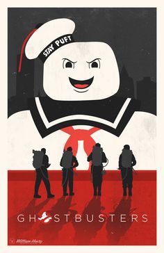 the poster for ghostbusters is shown with people standing in front of it and one person wearing a hat