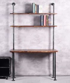 a bookshelf with three shelves and two suitcases on the floor next to it