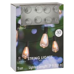 string lights with clear bulbs are shown in the box, and on the outside side