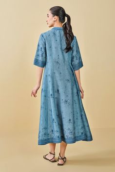 Blue midi dress featuring blossom placement print with front button placket and pockets. - Aza Fashions Summer Indigo Dresses With Buttons, Indigo Cotton Dress With Buttons, Indigo Cotton Midi Length Dress, Blue Dresses With Button Closure And Relaxed Fit, Indigo Cotton Dresses With Floral Print, Indigo Cotton Dress With Floral Print, Spring Indigo Floral Print Dress, Anita Dongre, Placement Print