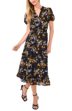 A smocked waist hugs your curves when you slip into this brunch-ready midi dress patterned in soft blooms and trimmed with frothy ruffles. 48" length (size Medium) Slips on over head V-neck Short sleeves Partially lined 100% polyester Machine wash, tumble dry Imported Mid-length Ditsy Floral Dress For Brunch, Tiered Floral Print Midi Dress For Daywear, Floral Midi Dress With Smocked Bodice, Casual Floral Maxi Dress With Smocked Back, Tiered Midi Dress With Floral Print For Daywear, Brunch Midi Dress With Ditsy Floral Print, Mid-length Floral Maxi Dress For Brunch, Floral Maxi Dress With Smocked Bodice For Brunch, Tiered Midi Dress With Ditsy Floral Print For Brunch