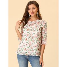 Whether you're in the office or out on the town, this ruffle collar floral print top is perfect for any occasion. It looks comfortable and it is made of very nice flowy breathable material with a pretty floral design. It looks fresh and great for early fall. The style of the blouse gives a very fresh and youthful look without excluding an older audience. Beautiful boho design, very neutral color, could match with Jeans for a very tailored casual look, great for spring and summer. Floral Print 3/4 Sleeve Work Blouse, Floral Print 3/4 Sleeve Workwear Blouse, Floral Print Workwear Blouse With 3/4 Sleeves, Floral Print 3/4 Sleeve Tops For Work, Floral Print 3/4 Sleeve Workwear Top, Feminine Floral Print Tops With 3/4 Sleeve, White Floral Print Blouse With 3/4 Sleeves, Feminine Blouse With 3/4 Sleeve Floral Print, Feminine 3/4 Sleeve Blouse With Floral Print