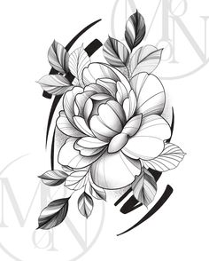 a black and white drawing of a flower with leaves on the side, in an abstract style