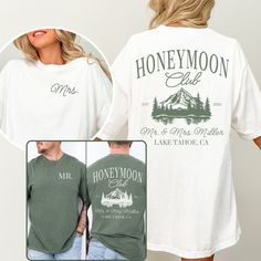 a man and woman wearing honeymoon club shirts