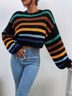 Women Contrast Striped Print Round Neck Long Sleeve Sweater Pullover,Long Sleeve Tops Black Casual  Long Sleeve Fabric Colorblock,Striped Pullovers Non-Stretch Spring/Fall Women Clothing, size features are:Bust: ,Length: ,Sleeve Length: Ugly Christmas Sweater Women, Crop Pullover, Striped Knitted Sweater, Pullover Mode, Solid Color Sweater, Women Sweaters Winter, High Street Fashion, Ladies Turtleneck Sweaters, Winter Pullover