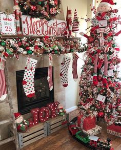 a christmas tree decorated with stockings and stockings