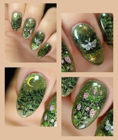 Over The Garden Wall Nail Art, Vintage Nail Ideas, Evergreen Nails, Woodland Nails, Moth Nails, Forest Nail Art, Forest Nails, Geeky Nails, Eliza Jane