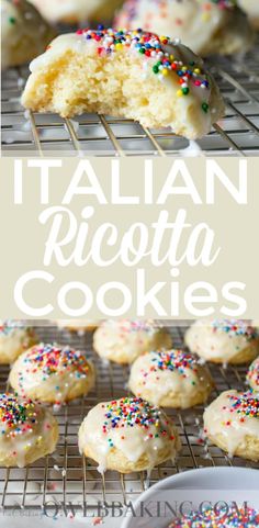 italian ricotta cookies with white frosting and sprinkles