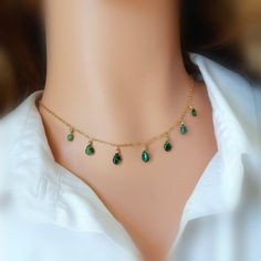 "Genuine Emerald Necklace, One Of Kind Necklace, May Birthstone Handcrafted choker necklace featuring green Zambian emerald drops, perfect for layering or wearing on its own for a minimalist look. Genuine Zambian emerald plain drops 5-6mm topped with gold filled beads 2mm. Available in 925 sterling silver OR 14k yellow gold fill OR 14k rose gold fill. The necklace is available 14-18'' long. Comes wrapped in a gift box, securely packaged for shipping. Matching Zambian emerald earrings could be fo Emerald Choker, Drops Necklace, Gold Silver Necklace, Dainty Necklace Layered, Choker Necklace Gold, Necklace Emerald, Zambian Emerald, Gold Choker Necklace, Bib Necklaces