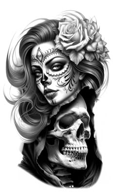 a woman with skull makeup and roses on her head is shown in black and white